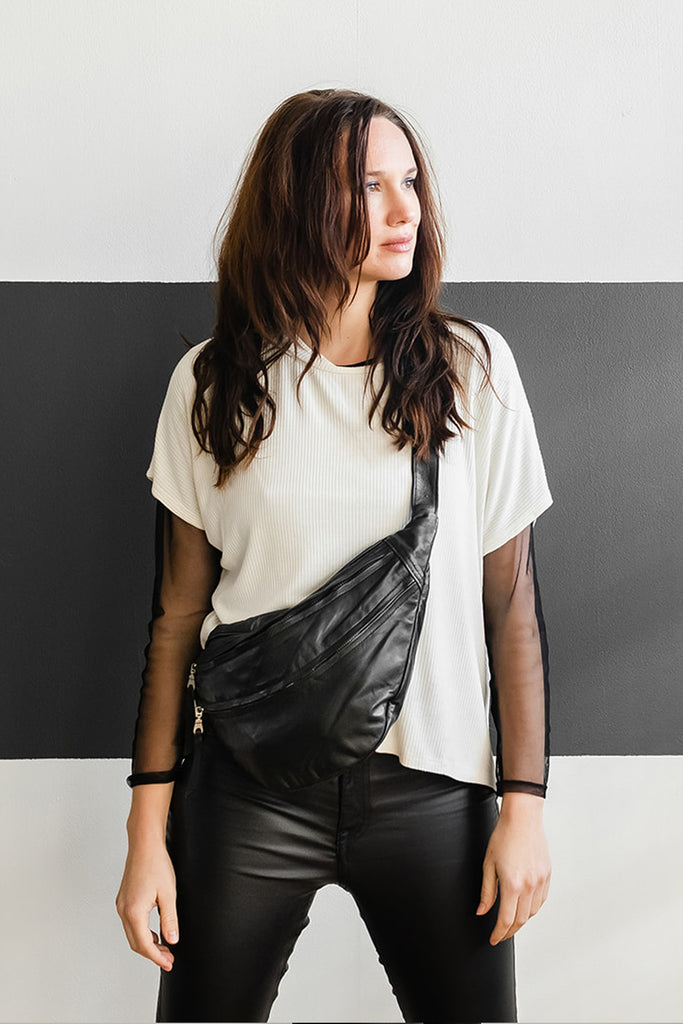 Large Size Bum Bag Black Leather