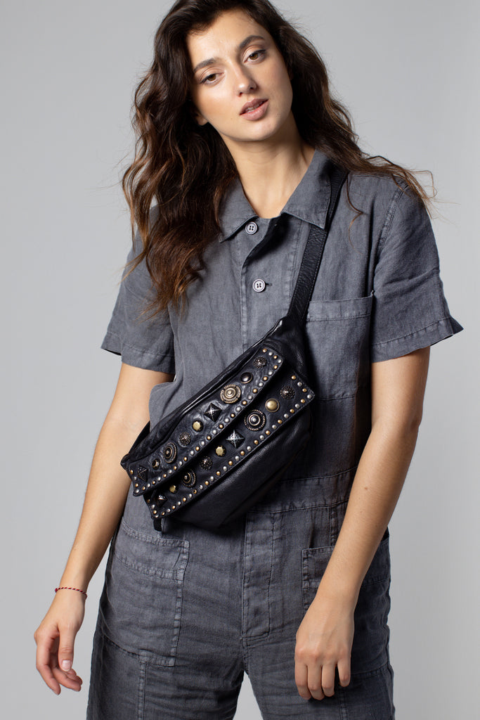Embellished Black Leather Crossbody bag
