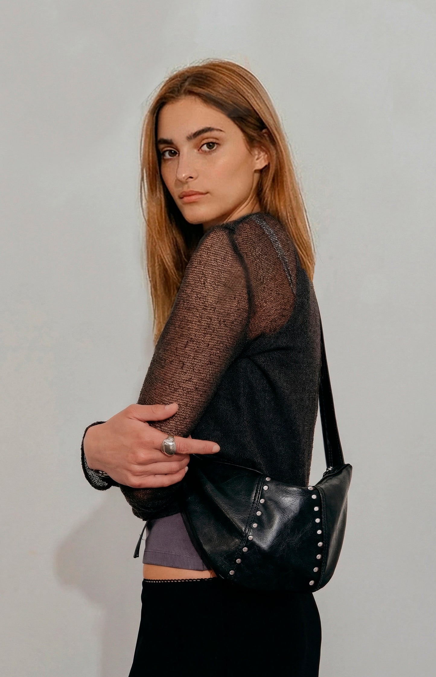 Studded Crescent Sling Bag