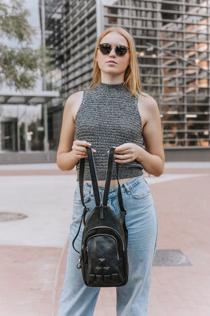 Small Backpack Minimalist Design Black leather